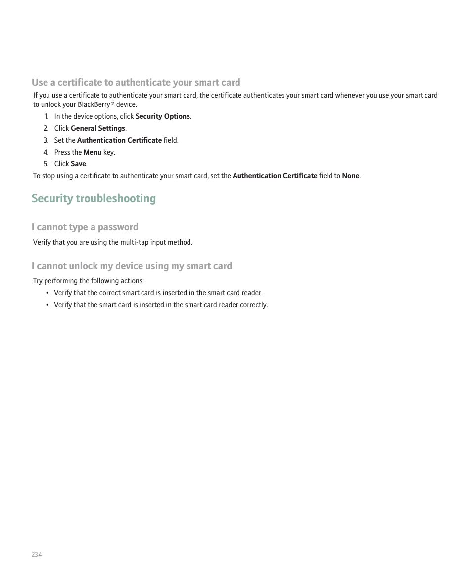 Security troubleshooting, Use a certificate to authenticate your smart card, I cannot type a password | I cannot unlock my device using my smart card | Blackberry 8100 User Manual | Page 236 / 262