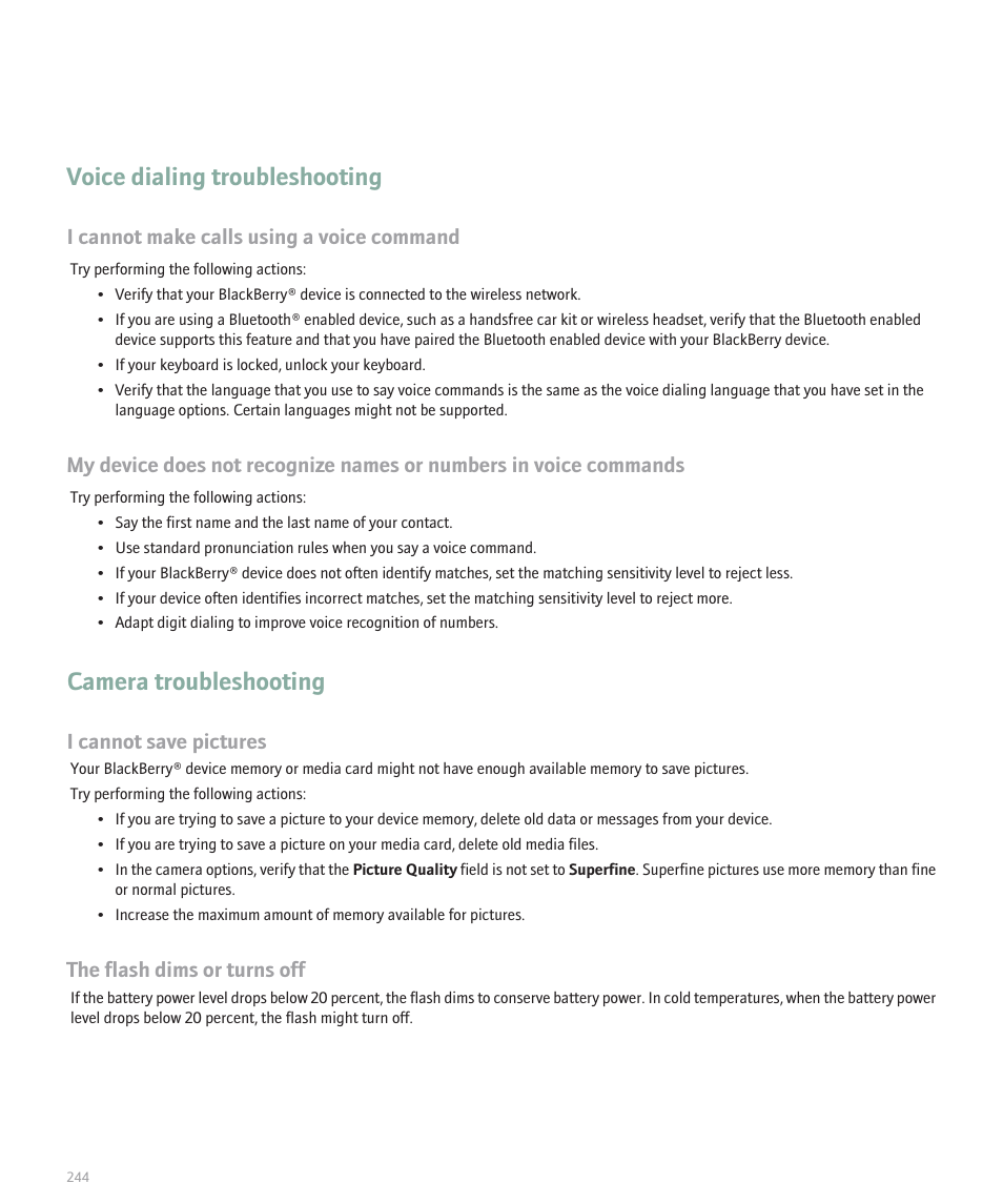 Voice dialing troubleshooting, Camera troubleshooting, I cannot make calls using a voice command | I cannot save pictures, The flash dims or turns off | Blackberry 8100 User Manual | Page 246 / 262