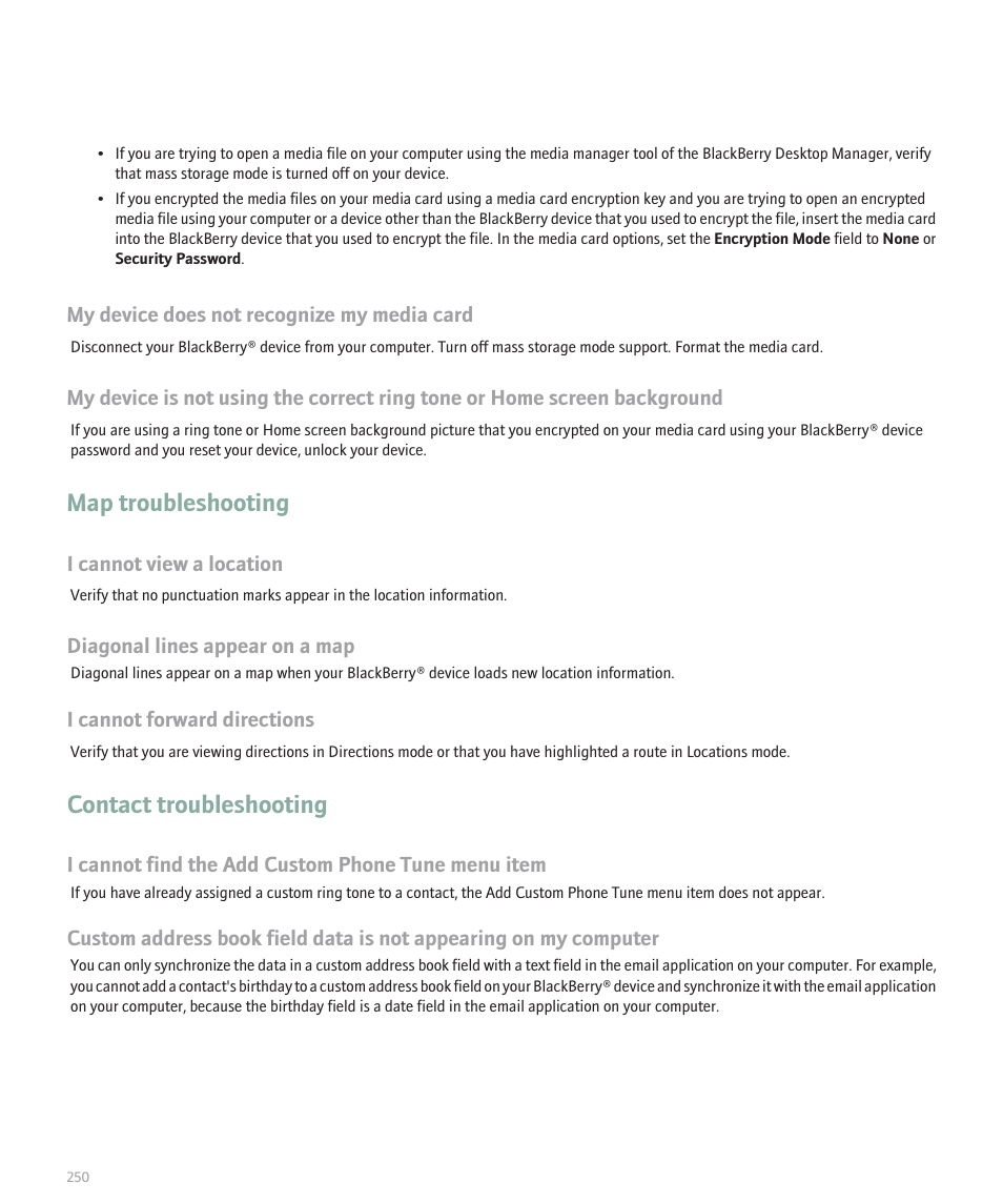 Map troubleshooting, Contact troubleshooting | Blackberry 8100 User Manual | Page 252 / 262