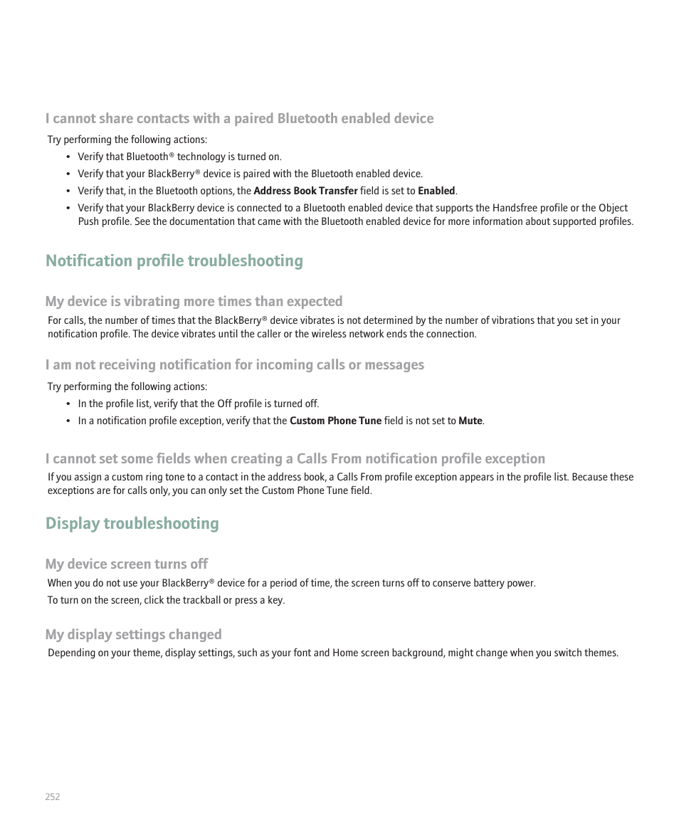 Notification profile troubleshooting, Display troubleshooting | Blackberry 8100 User Manual | Page 254 / 262