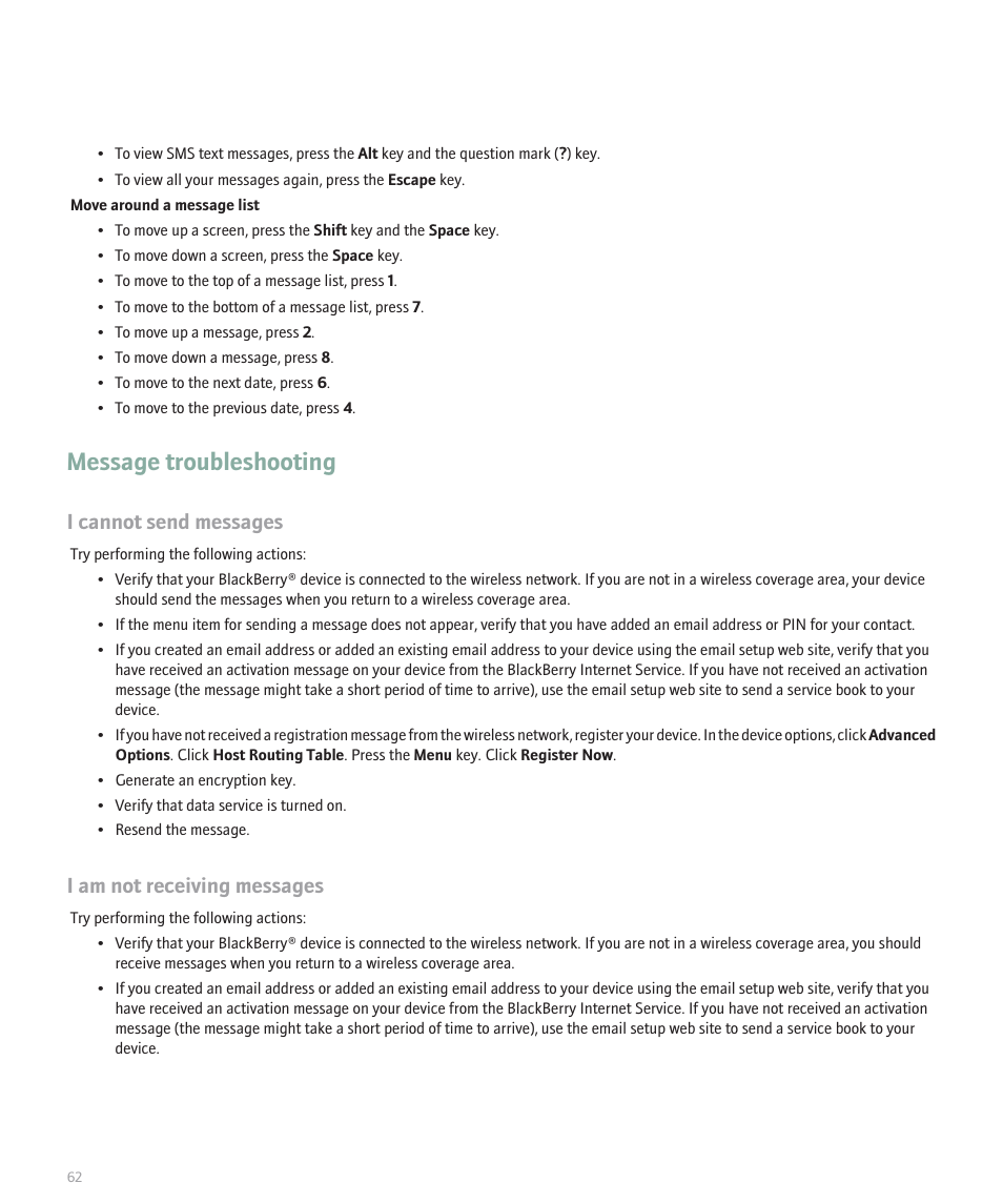 Message troubleshooting, I cannot send messages, I am not receiving messages | Blackberry 8100 User Manual | Page 64 / 262