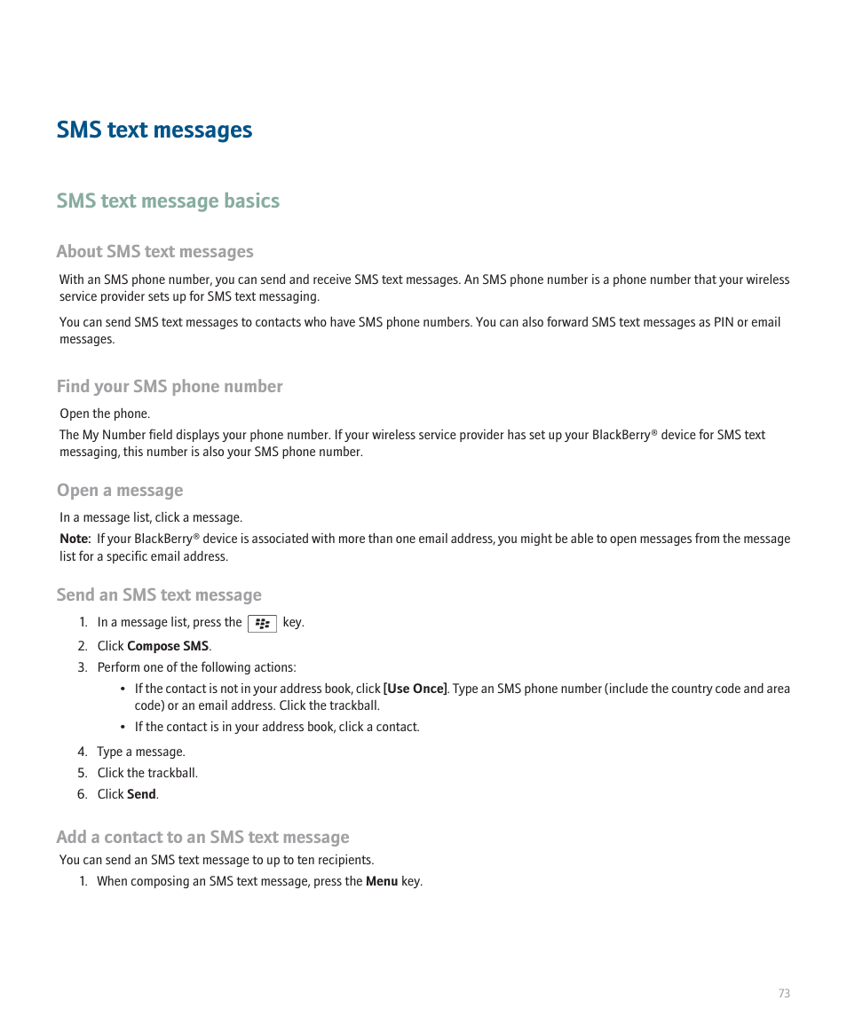 Sms text messages, Sms text message basics, About sms text messages | Find your sms phone number, Open a message, Send an sms text message, Add a contact to an sms text message | Blackberry 8100 User Manual | Page 75 / 262