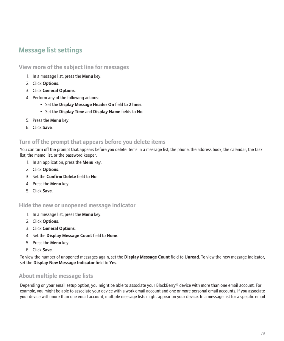 Message list settings, View more of the subject line for messages, Hide the new or unopened message indicator | About multiple message lists | Blackberry 8100 User Manual | Page 81 / 262