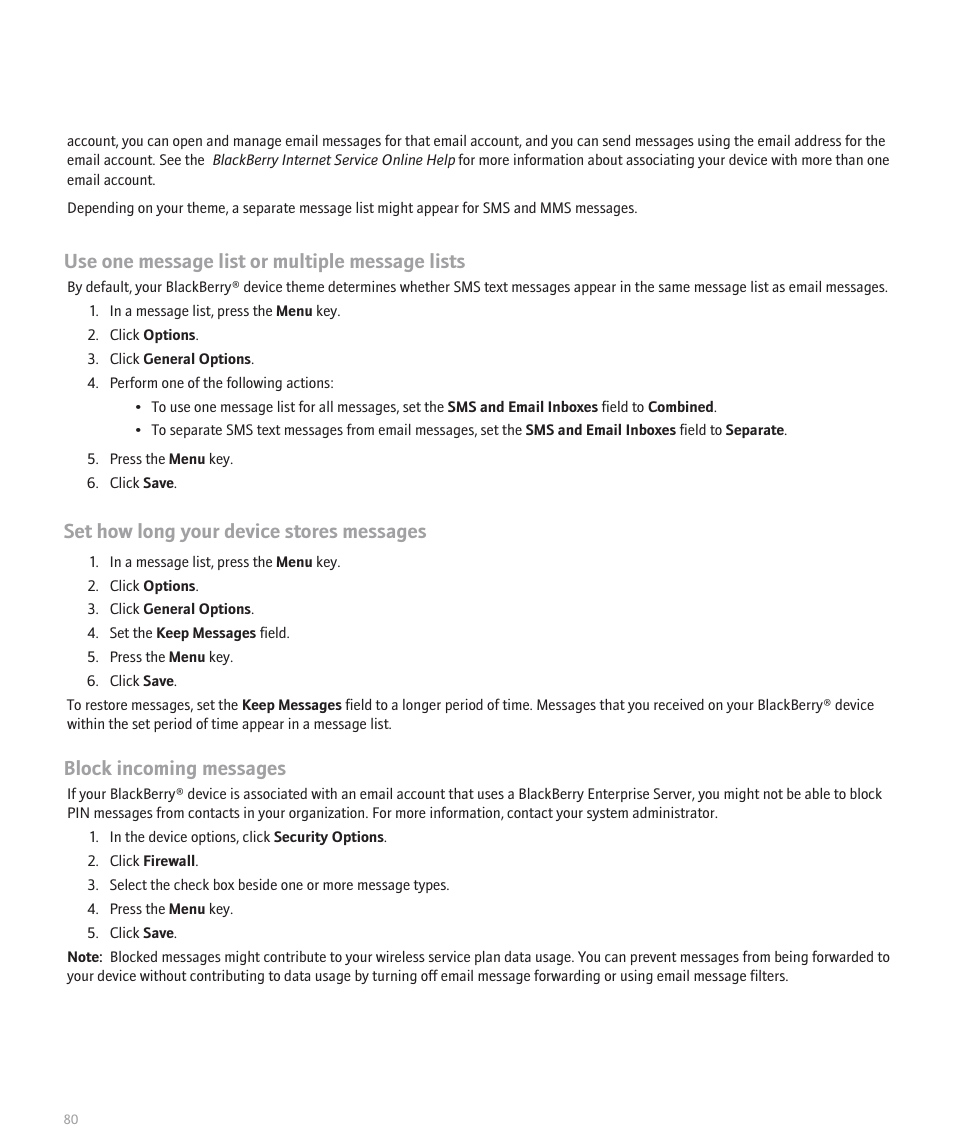 Use one message list or multiple message lists, Set how long your device stores messages, Block incoming messages | Blackberry 8100 User Manual | Page 82 / 262