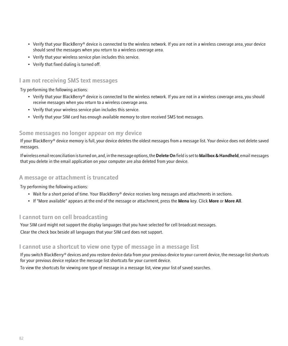 I am not receiving sms text messages, Some messages no longer appear on my device, A message or attachment is truncated | I cannot turn on cell broadcasting | Blackberry 8100 User Manual | Page 84 / 262