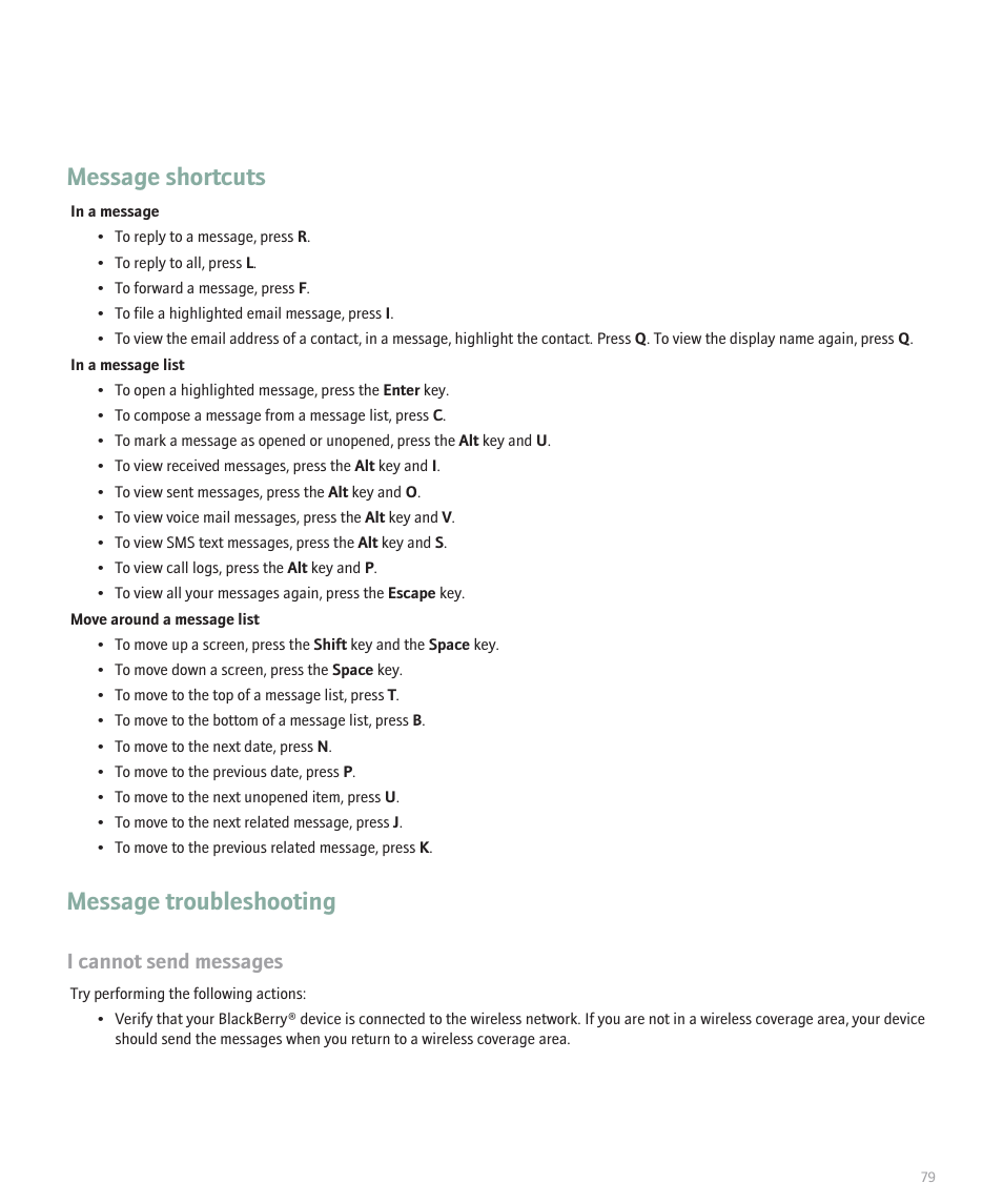 Message shortcuts, Message troubleshooting, I cannot send messages | Blackberry 8707 Series User Manual | Page 81 / 240