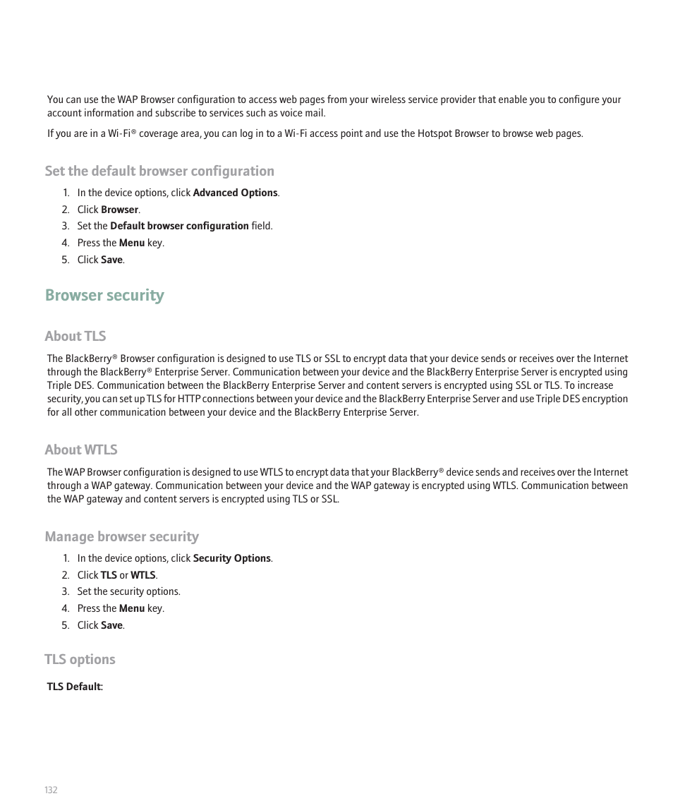 Browser security, Set the default browser configuration, About tls | About wtls, Manage browser security, Tls options | Blackberry Pearl 8120 User Manual | Page 134 / 293