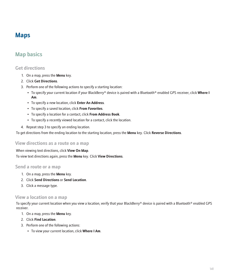 Maps, Map basics, Get directions | View directions as a route on a map, Send a route or a map, View a location on a map | Blackberry Pearl 8120 User Manual | Page 143 / 293