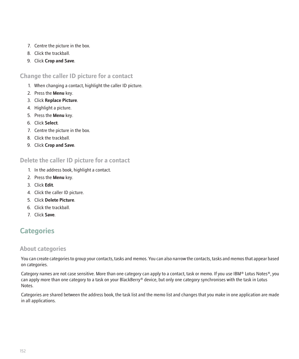 Categories, Change the caller id picture for a contact, Delete the caller id picture for a contact | About categories | Blackberry Pearl 8120 User Manual | Page 154 / 293
