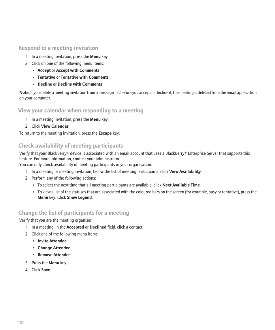 Respond to a meeting invitation, View your calendar when responding to a meeting, Check availability of meeting participants | Change the list of participants for a meeting | Blackberry Pearl 8120 User Manual | Page 164 / 293