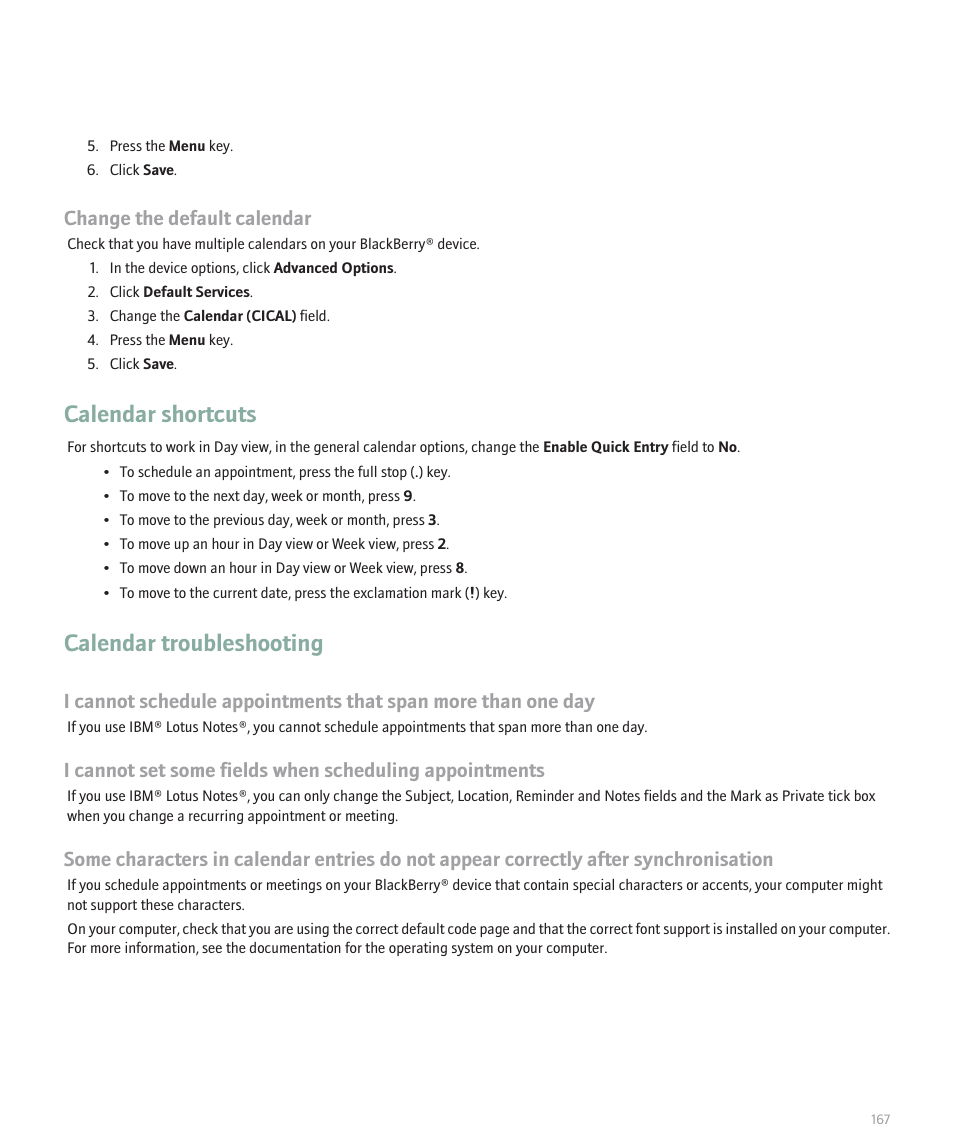 Calendar shortcuts, Calendar troubleshooting, Change the default calendar | Blackberry Pearl 8120 User Manual | Page 169 / 293