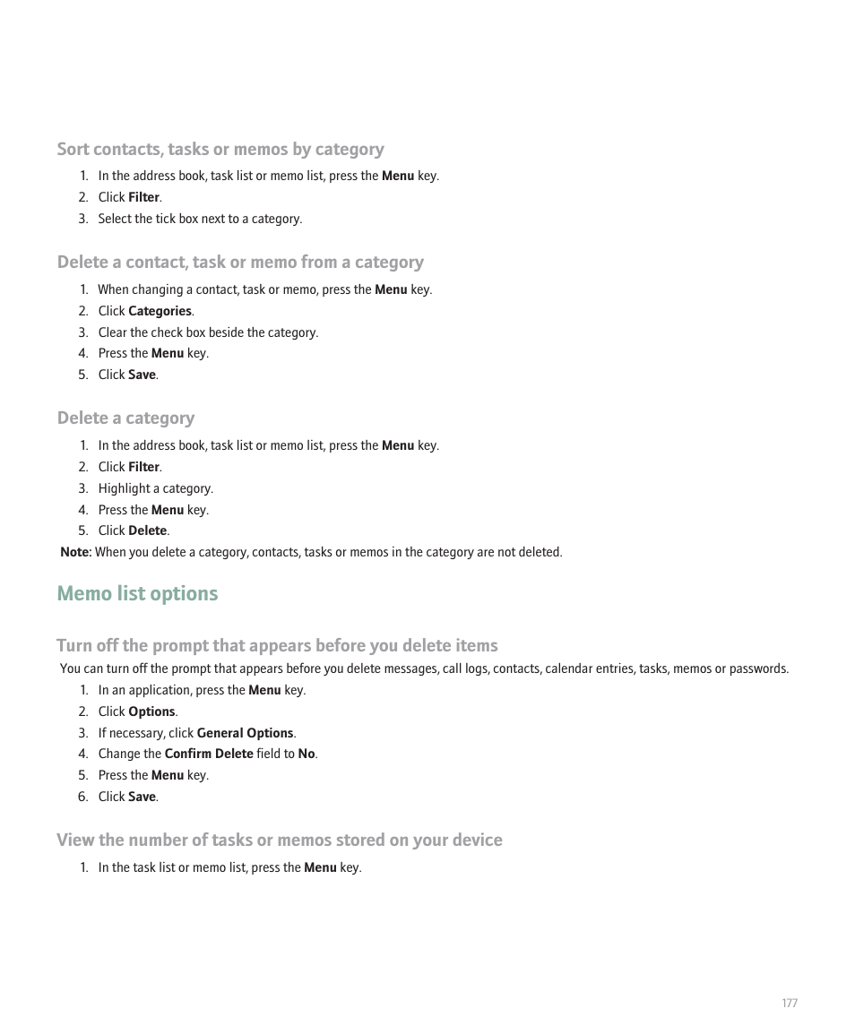 Memo list options, Delete a category | Blackberry Pearl 8120 User Manual | Page 179 / 293