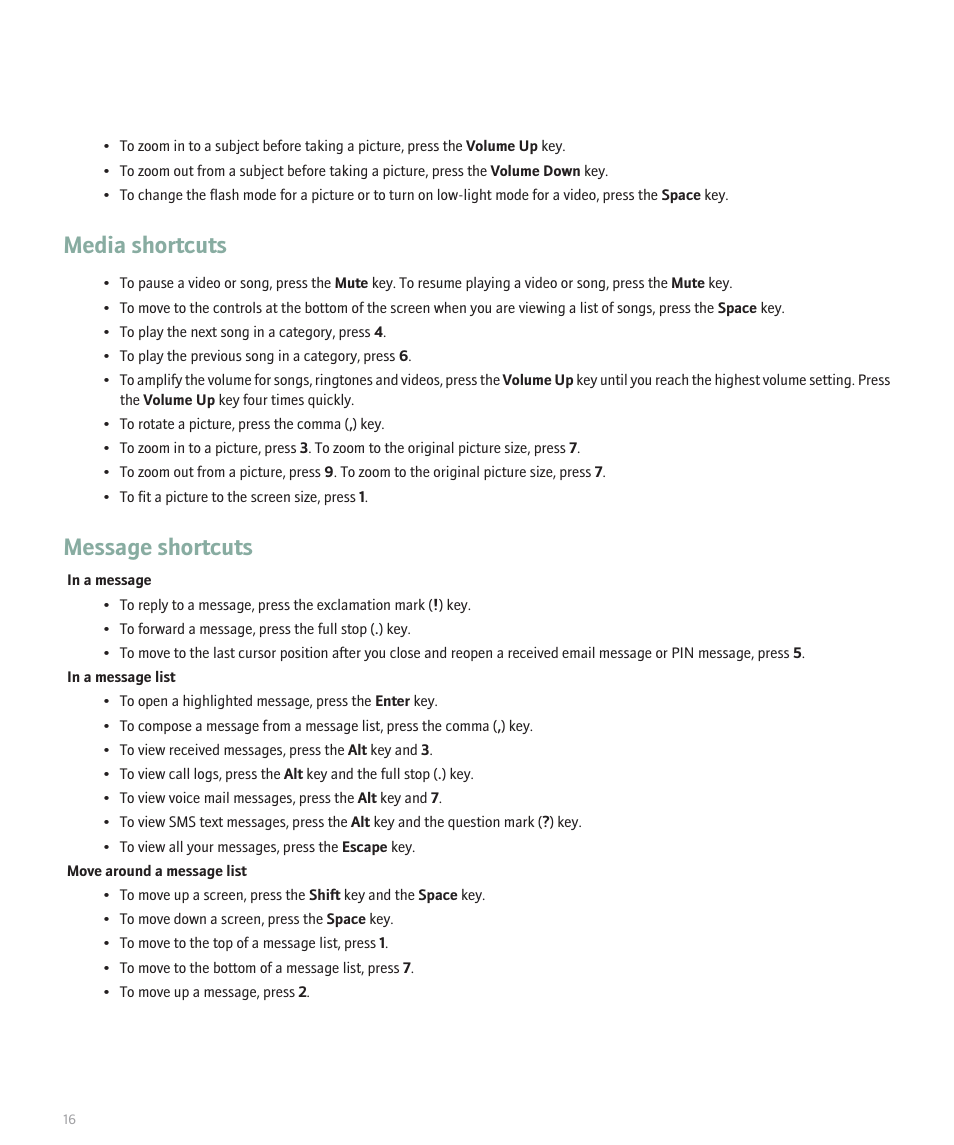 Media shortcuts, Message shortcuts | Blackberry Pearl 8120 User Manual | Page 18 / 293