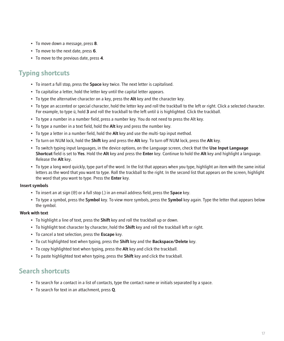 Typing shortcuts, Search shortcuts | Blackberry Pearl 8120 User Manual | Page 19 / 293