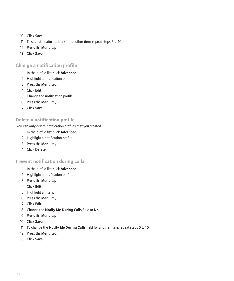 Change a notification profile, Delete a notification profile, Prevent notification during calls | Blackberry Pearl 8120 User Manual | Page 196 / 293