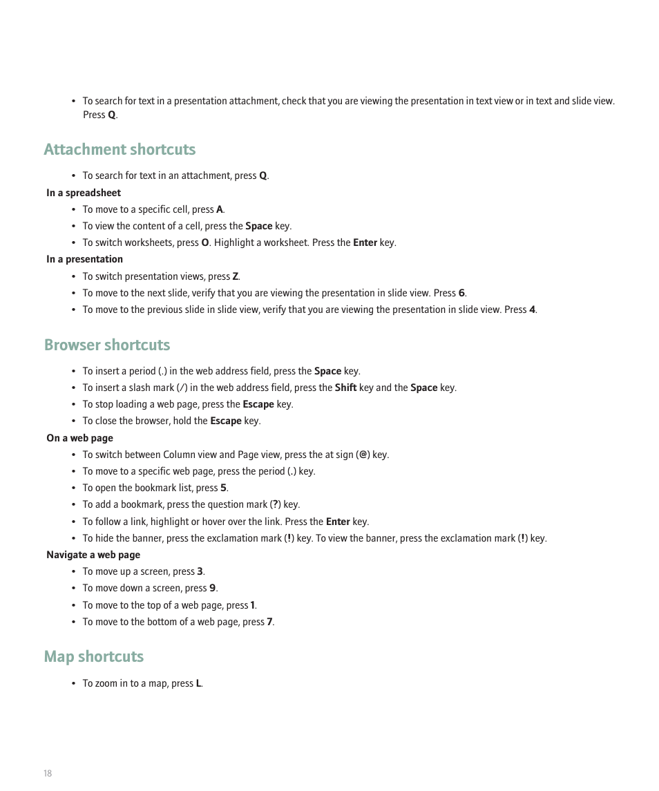 Attachment shortcuts, Browser shortcuts, Map shortcuts | Blackberry Pearl 8120 User Manual | Page 20 / 293