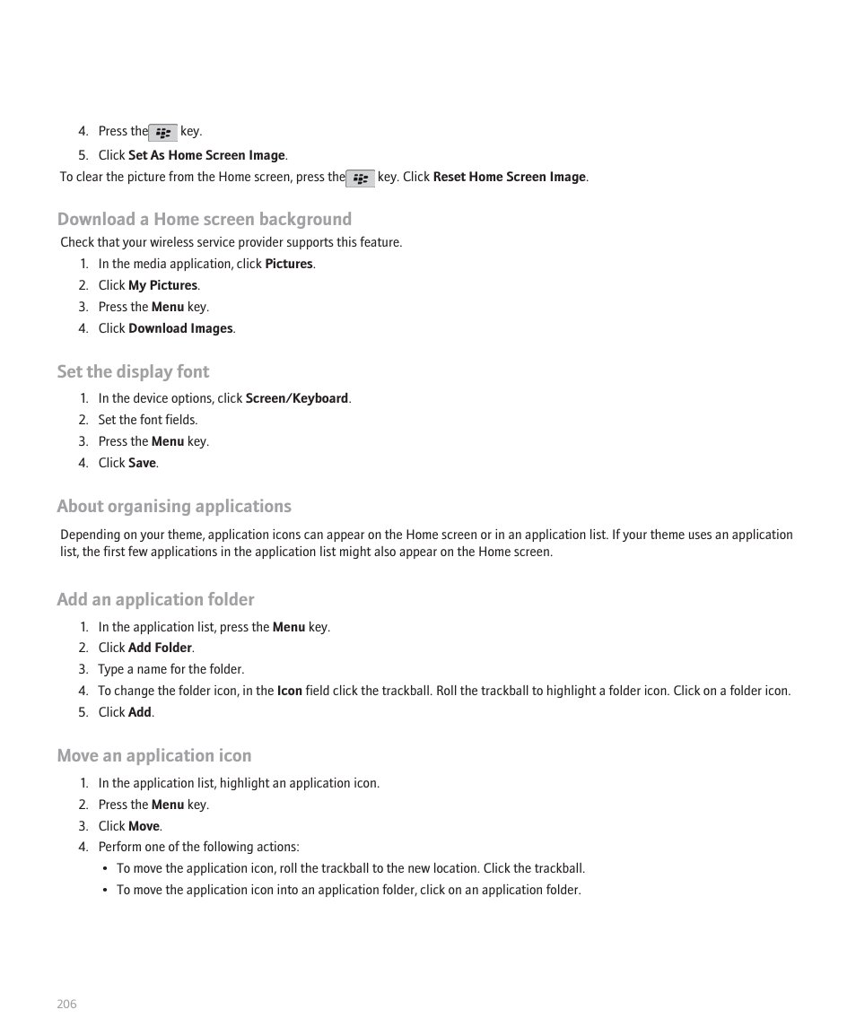 Download a home screen background, Set the display font, About organising applications | Add an application folder, Move an application icon | Blackberry Pearl 8120 User Manual | Page 208 / 293