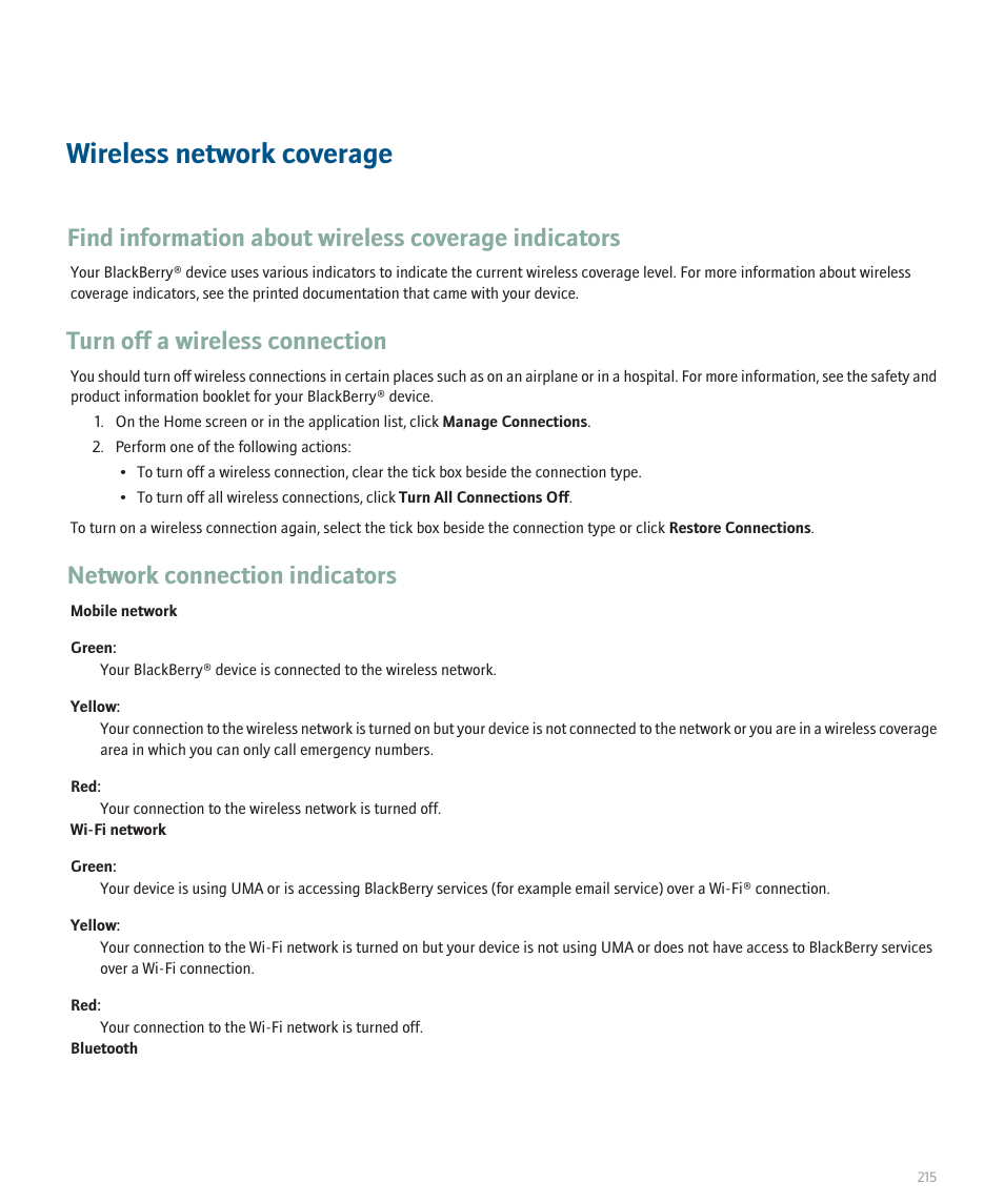Wireless network coverage, Turn off a wireless connection, Network connection indicators | Blackberry Pearl 8120 User Manual | Page 217 / 293