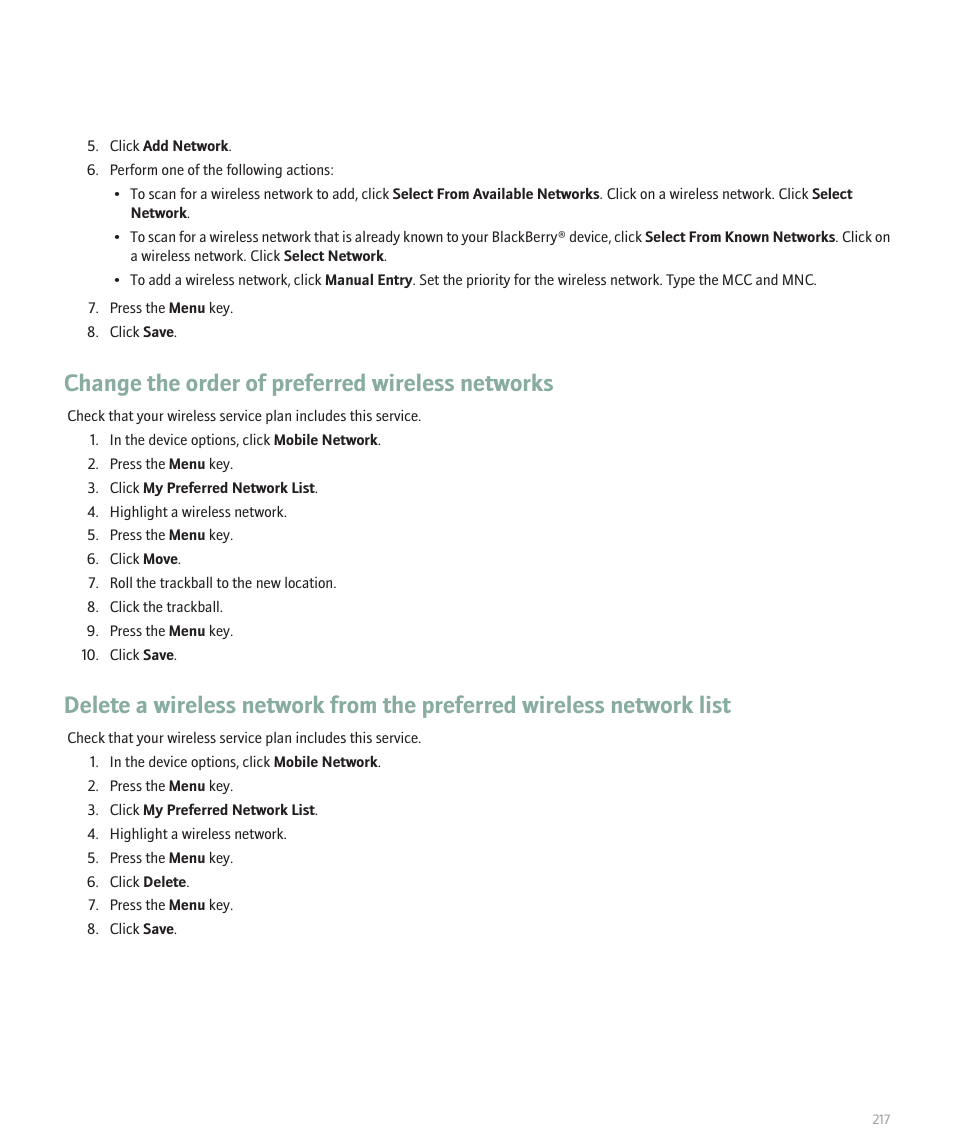 Change the order of preferred wireless networks | Blackberry Pearl 8120 User Manual | Page 219 / 293