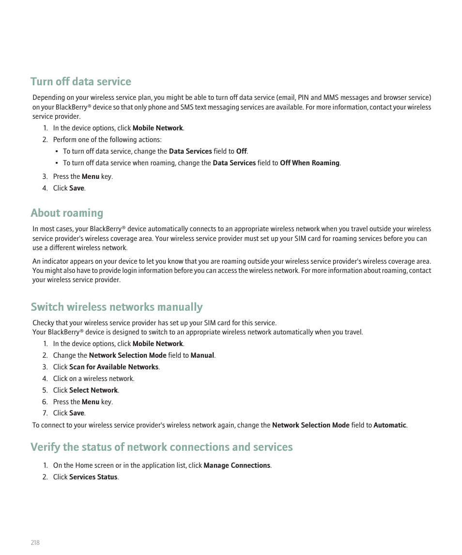 Turn off data service, About roaming, Switch wireless networks manually | Blackberry Pearl 8120 User Manual | Page 220 / 293