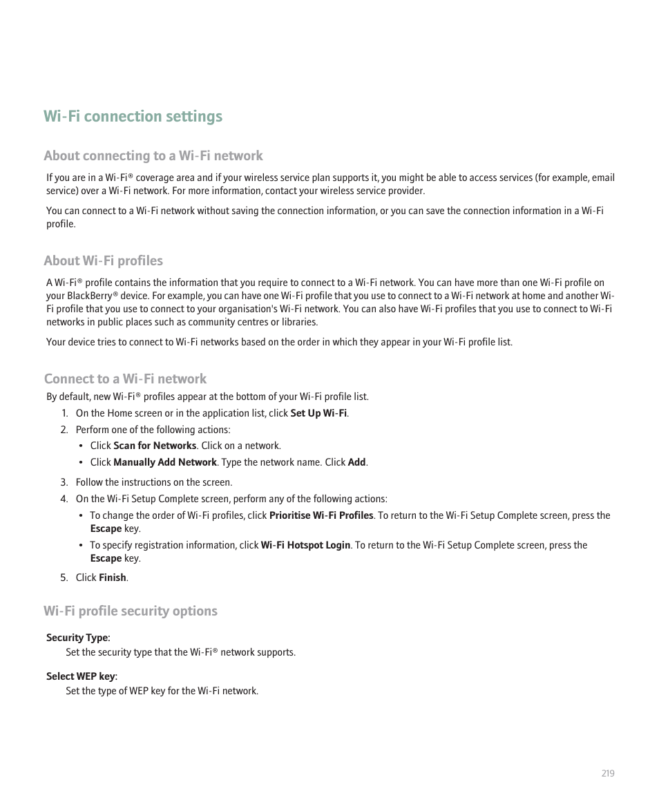 Wi-fi connection settings, About connecting to a wi-fi network, About wi-fi profiles | Connect to a wi-fi network, Wi-fi profile security options | Blackberry Pearl 8120 User Manual | Page 221 / 293