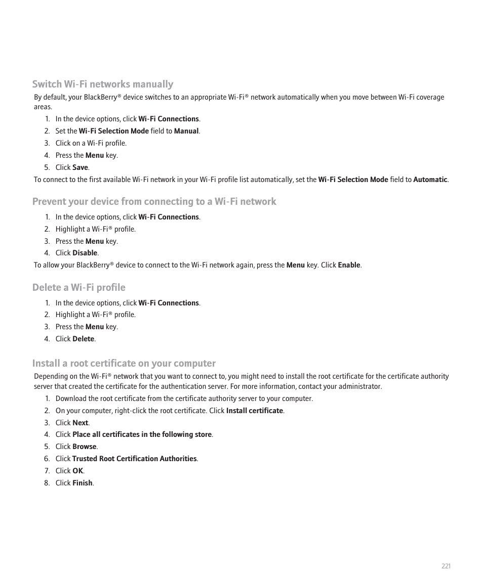 Switch wi-fi networks manually, Delete a wi-fi profile, Install a root certificate on your computer | Blackberry Pearl 8120 User Manual | Page 223 / 293