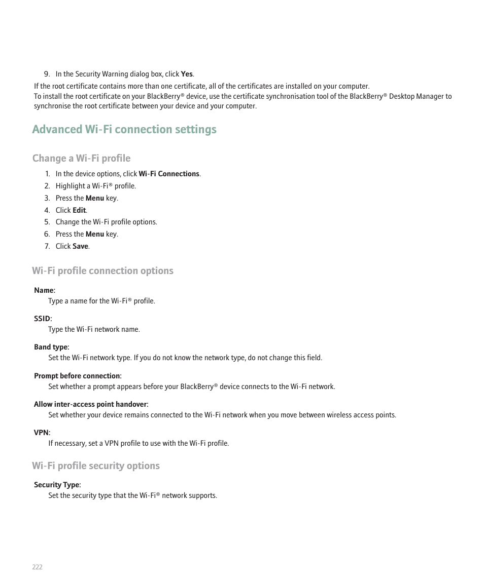 Advanced wi-fi connection settings, Change a wi-fi profile, Wi-fi profile connection options | Wi-fi profile security options | Blackberry Pearl 8120 User Manual | Page 224 / 293