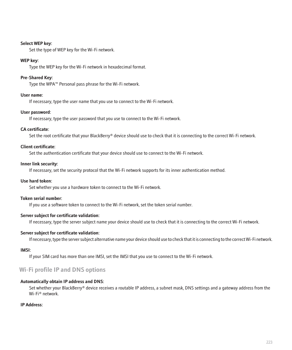 Wi-fi profile ip and dns options | Blackberry Pearl 8120 User Manual | Page 225 / 293