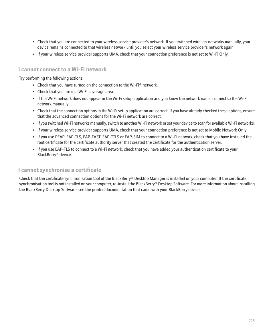 I cannot connect to a wi-fi network, I cannot synchronise a certificate | Blackberry Pearl 8120 User Manual | Page 227 / 293