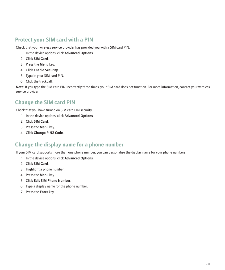 Protect your sim card with a pin, Change the sim card pin, Change the display name for a phone number | Blackberry Pearl 8120 User Manual | Page 233 / 293