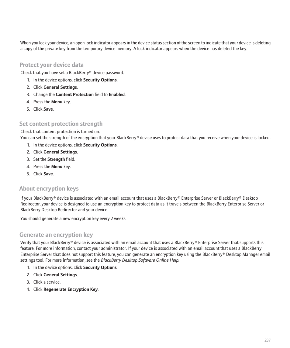 Protect your device data, Set content protection strength, About encryption keys | Generate an encryption key | Blackberry Pearl 8120 User Manual | Page 239 / 293