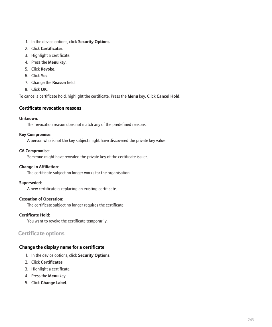 Certificate options | Blackberry Pearl 8120 User Manual | Page 245 / 293