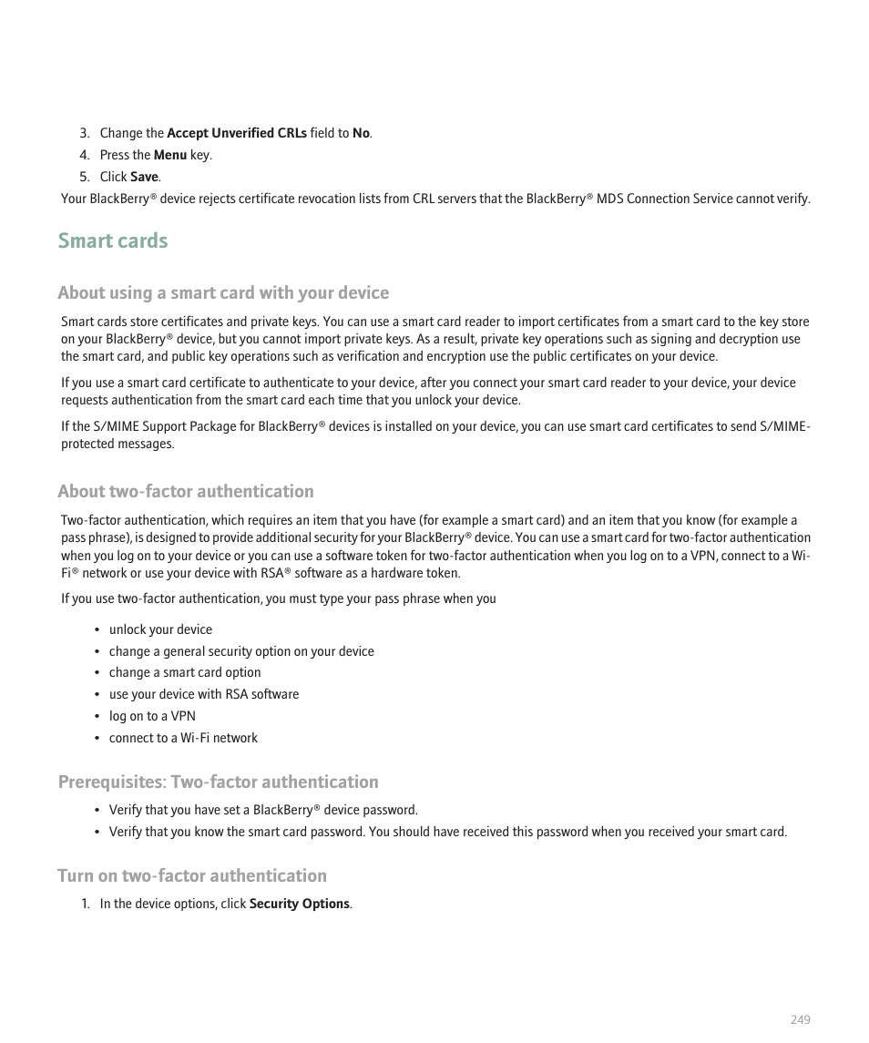 Smart cards, About using a smart card with your device, About two-factor authentication | Prerequisites: two-factor authentication, Turn on two-factor authentication | Blackberry Pearl 8120 User Manual | Page 251 / 293