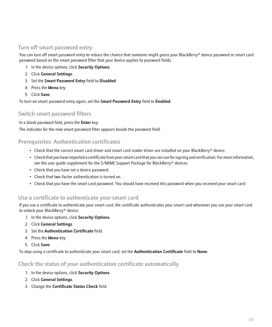 Turn off smart password entry, Switch smart password filters, Prerequisites: authentication certificates | Use a certificate to authenticate your smart card | Blackberry Pearl 8120 User Manual | Page 253 / 293