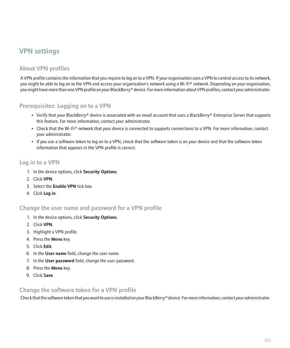 Vpn settings, About vpn profiles, Prerequisites: logging on to a vpn | Log in to a vpn, Change the software token for a vpn profile | Blackberry Pearl 8120 User Manual | Page 255 / 293