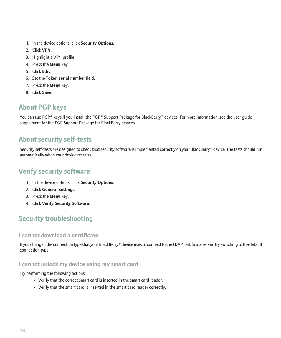 About pgp keys, About security self-tests, Verify security software | Security troubleshooting, I cannot download a certificate, I cannot unlock my device using my smart card | Blackberry Pearl 8120 User Manual | Page 256 / 293
