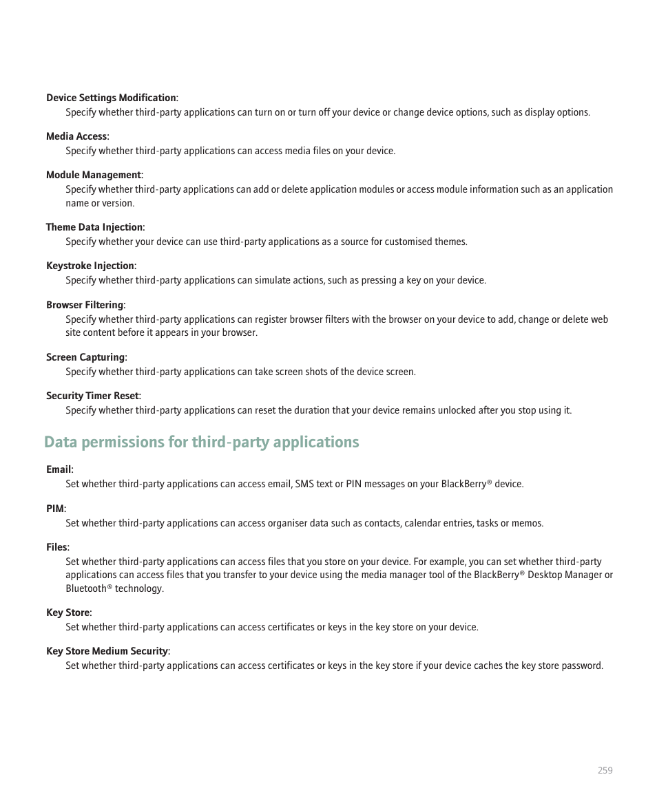 Data permissions for third-party applications | Blackberry Pearl 8120 User Manual | Page 261 / 293
