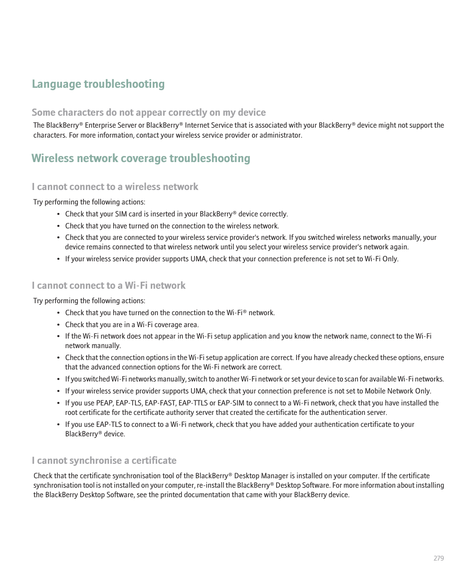 Language troubleshooting, Wireless network coverage troubleshooting, I cannot connect to a wireless network | I cannot connect to a wi-fi network, I cannot synchronise a certificate | Blackberry Pearl 8120 User Manual | Page 281 / 293