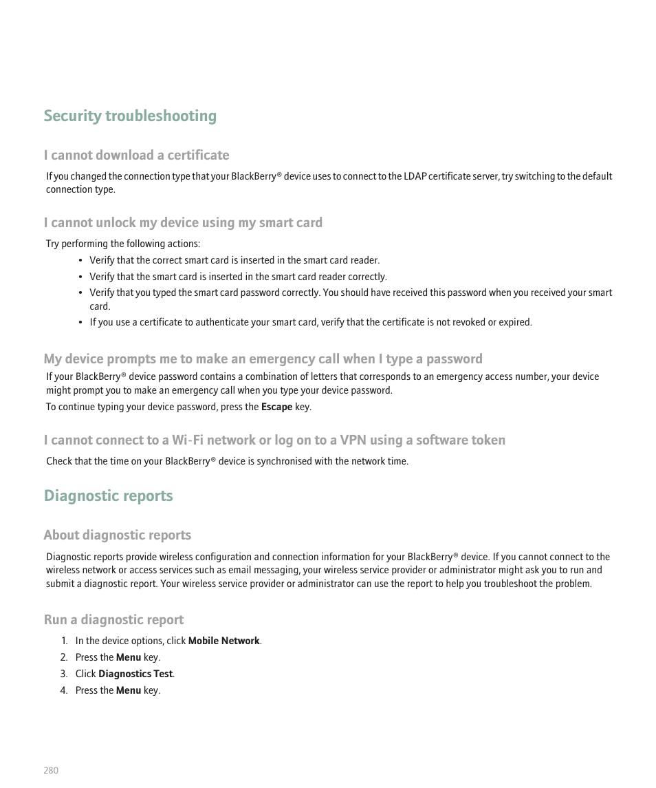 Security troubleshooting, Diagnostic reports | Blackberry Pearl 8120 User Manual | Page 282 / 293
