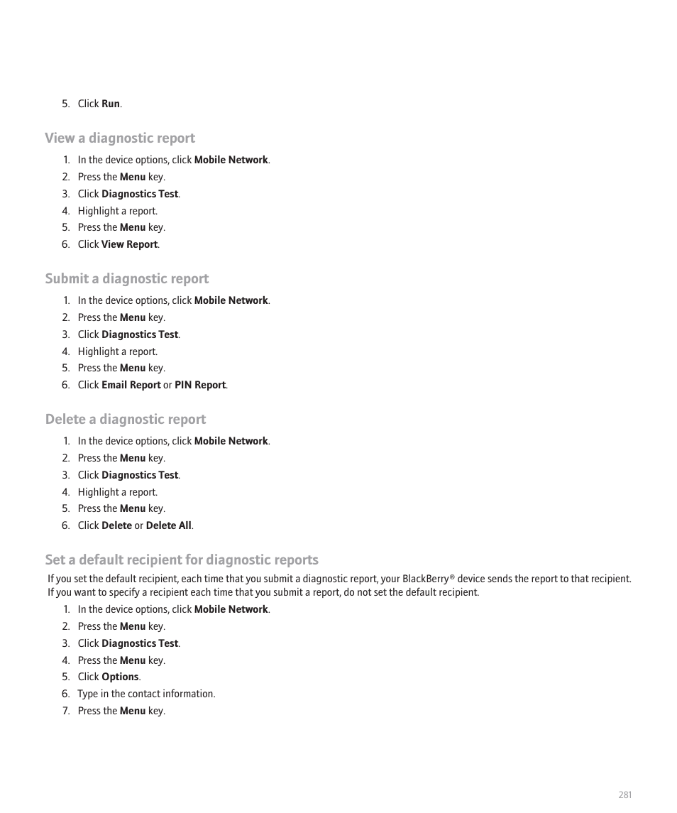 View a diagnostic report, Submit a diagnostic report, Delete a diagnostic report | Set a default recipient for diagnostic reports | Blackberry Pearl 8120 User Manual | Page 283 / 293