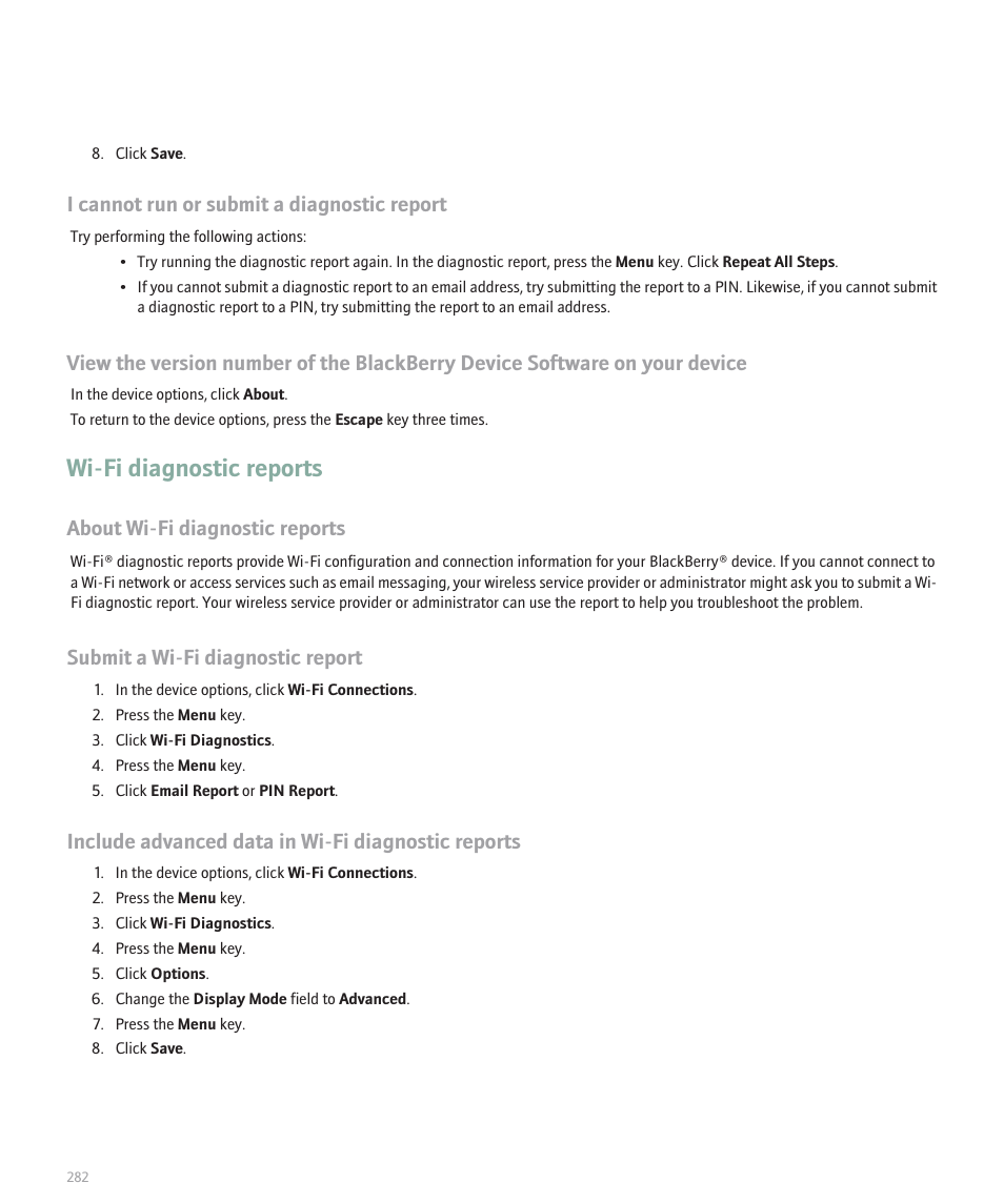 Wi-fi diagnostic reports, I cannot run or submit a diagnostic report, About wi-fi diagnostic reports | Submit a wi-fi diagnostic report, Include advanced data in wi-fi diagnostic reports | Blackberry Pearl 8120 User Manual | Page 284 / 293