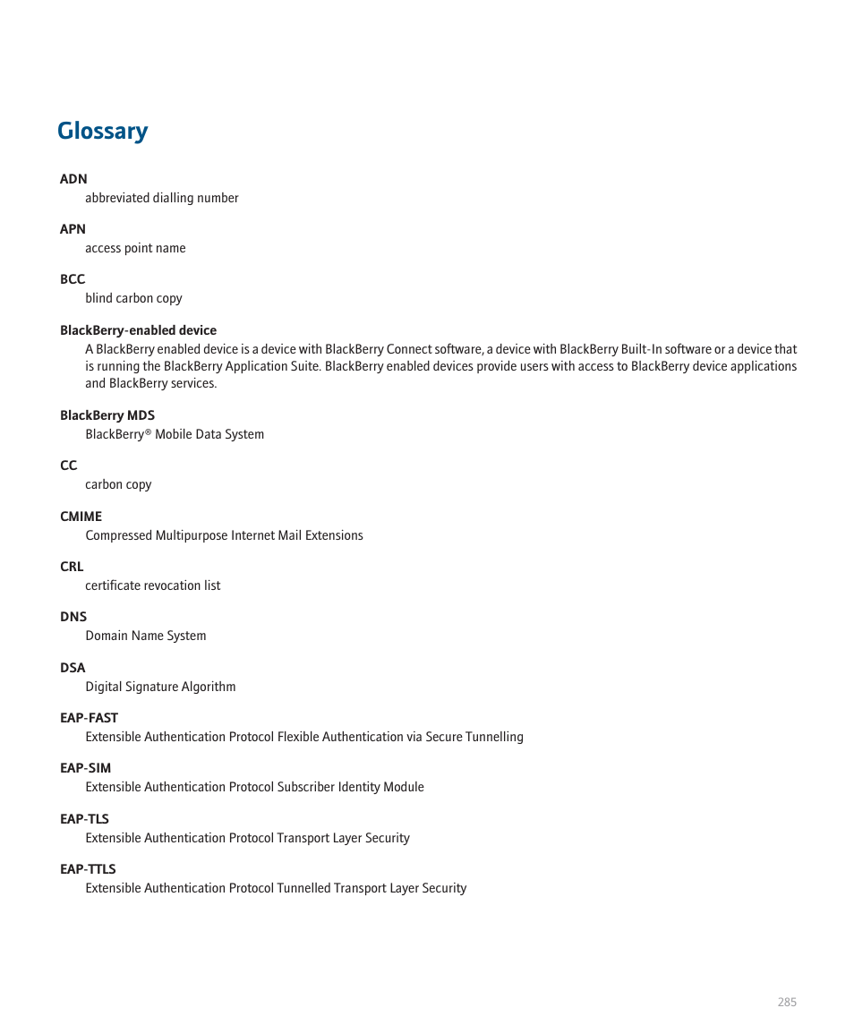 Glossary | Blackberry Pearl 8120 User Manual | Page 287 / 293