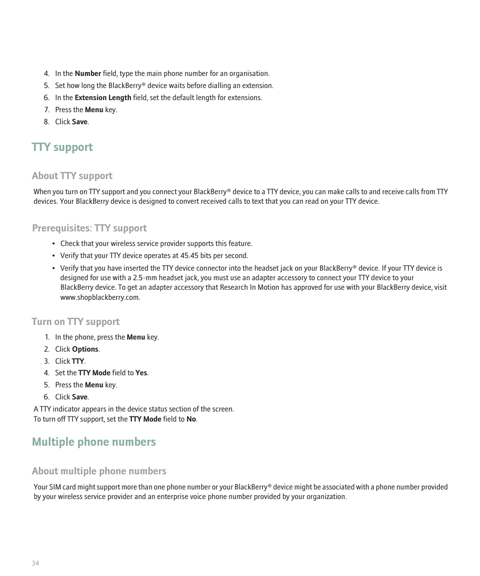 Tty support, Multiple phone numbers, About tty support | Prerequisites: tty support, Turn on tty support, About multiple phone numbers | Blackberry Pearl 8120 User Manual | Page 36 / 293