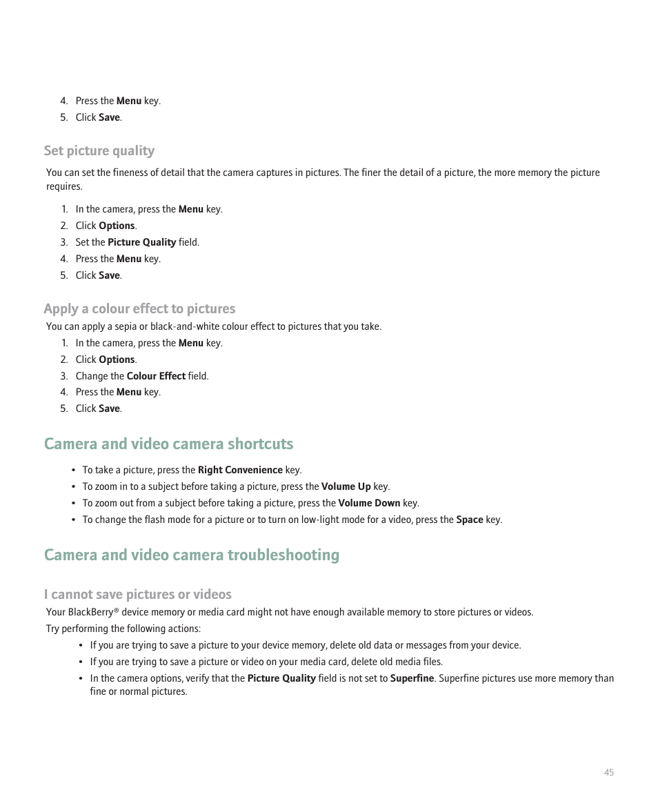 Camera and video camera shortcuts, Camera and video camera troubleshooting, Set picture quality | Apply a colour effect to pictures, I cannot save pictures or videos | Blackberry Pearl 8120 User Manual | Page 47 / 293