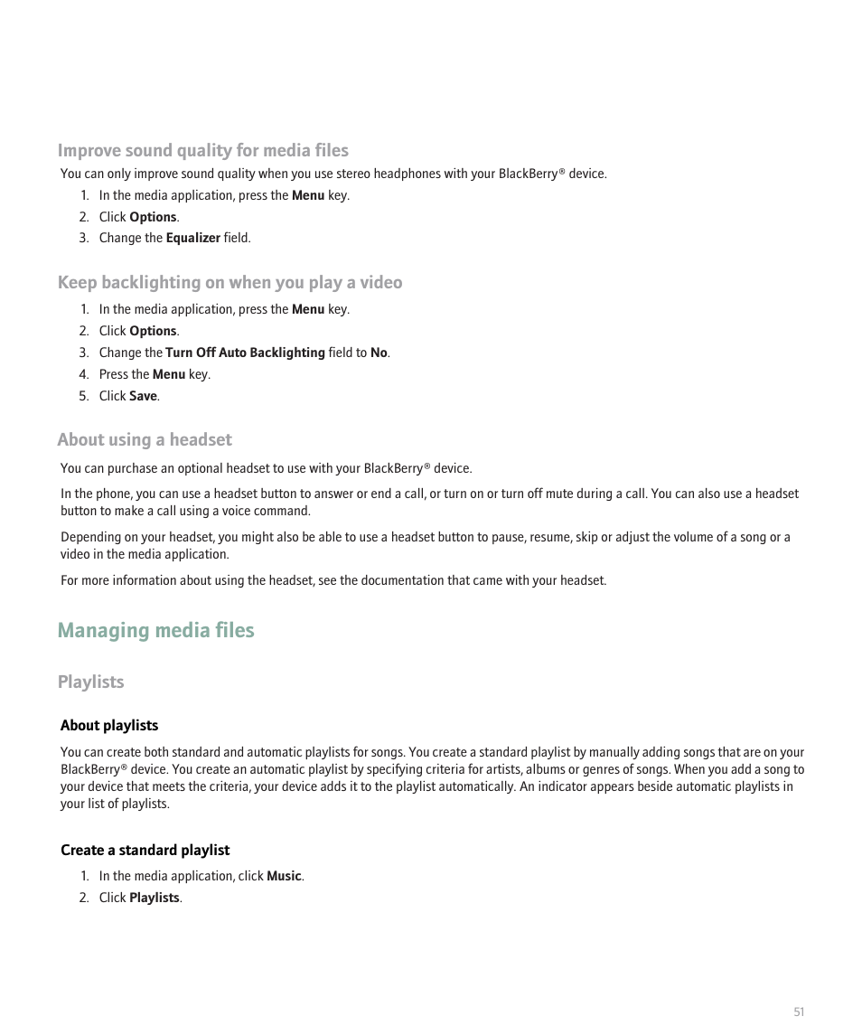 Managing media files, Improve sound quality for media files, Keep backlighting on when you play a video | About using a headset, Playlists | Blackberry Pearl 8120 User Manual | Page 53 / 293
