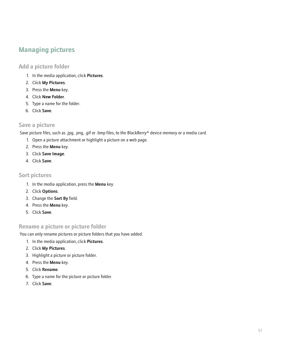 Managing pictures, Add a picture folder, Save a picture | Sort pictures, Rename a picture or picture folder | Blackberry Pearl 8120 User Manual | Page 59 / 293