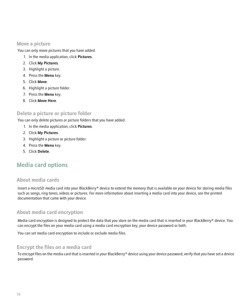 Media card options, Move a picture, Delete a picture or picture folder | About media cards, About media card encryption, Encrypt the files on a media card | Blackberry Pearl 8120 User Manual | Page 60 / 293