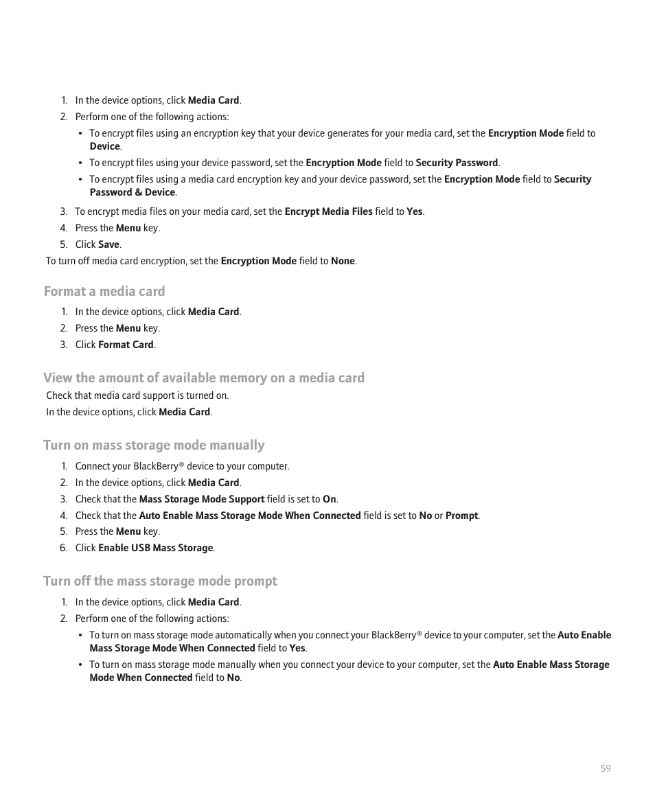 Format a media card, Turn on mass storage mode manually, Turn off the mass storage mode prompt | Blackberry Pearl 8120 User Manual | Page 61 / 293