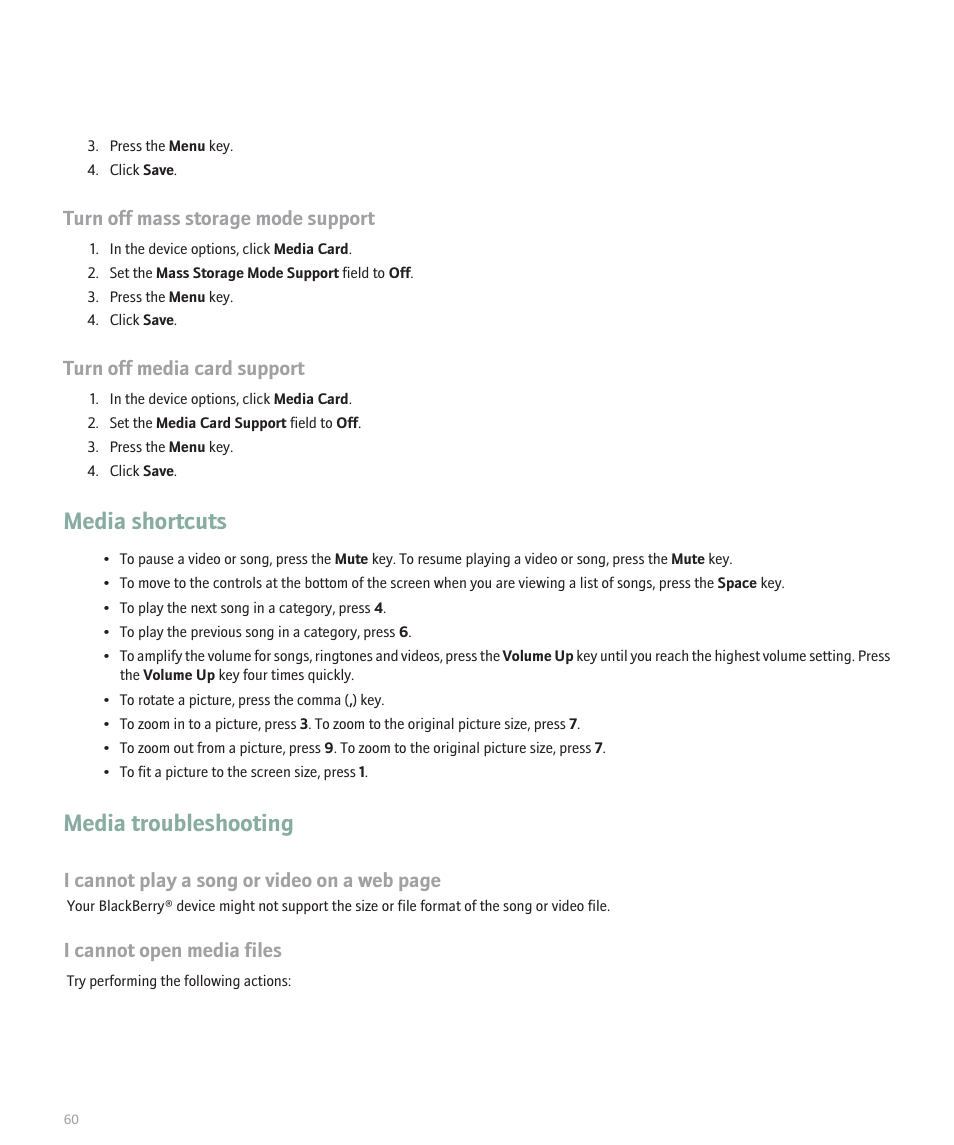 Media shortcuts, Media troubleshooting, Turn off mass storage mode support | Turn off media card support, I cannot play a song or video on a web page, I cannot open media files | Blackberry Pearl 8120 User Manual | Page 62 / 293