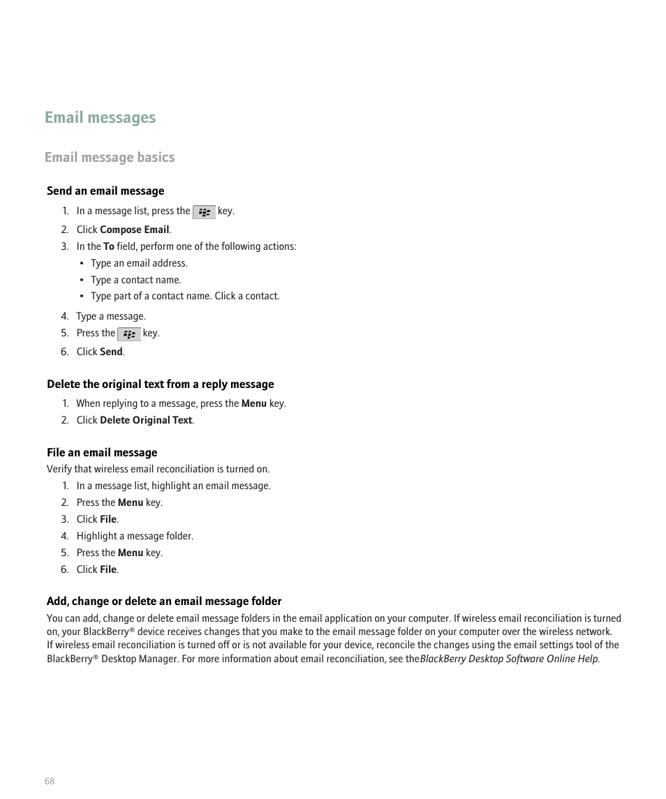 Email messages, Email message basics | Blackberry Pearl 8120 User Manual | Page 70 / 293